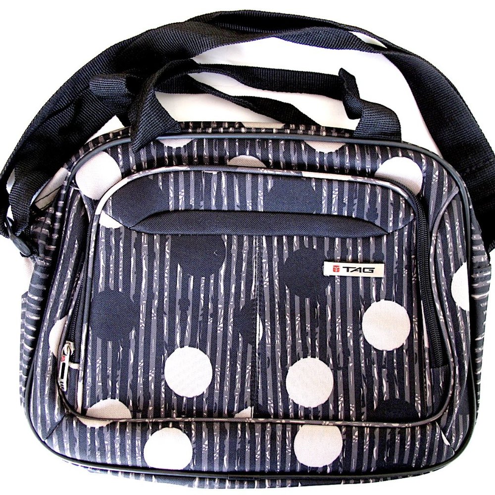 TRAVEL BAG Gray & Black POLKA DOTS Pattern Adjustable Strap TAG Brand